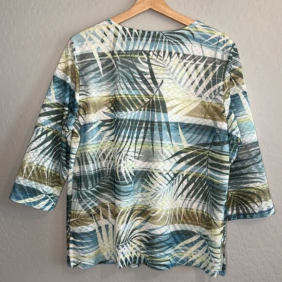 Alfred Dunner Cream Blue Green Chesapeake Bay 3/4 Sleeve Blouse Size Medium - Picture 2 of 6